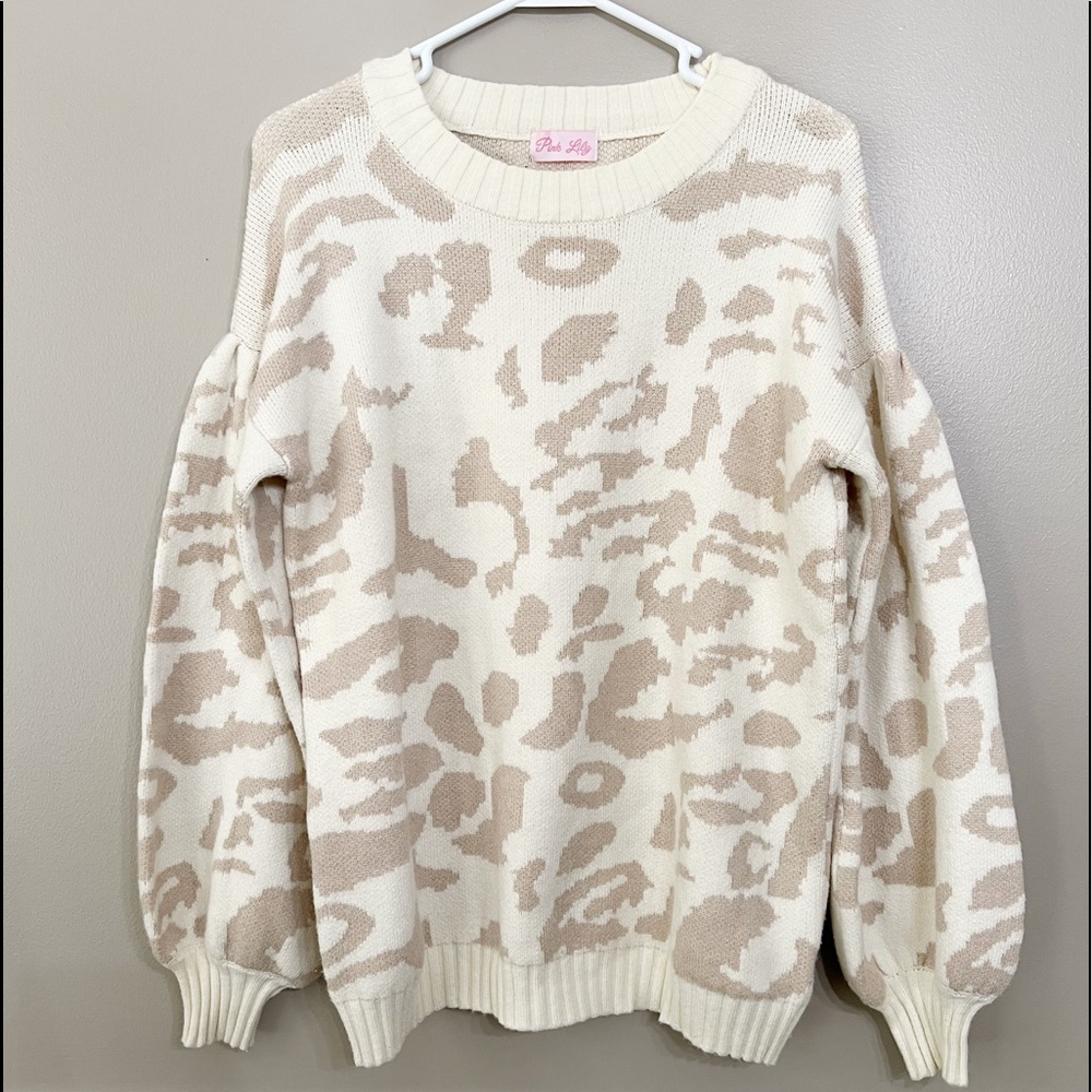 Pink Lily Cream Leopard Ballon Sleeve Sweater